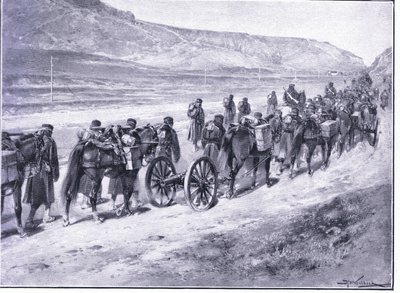 Baterie polních děl na cestě do Ichonu, ilustrace z Cassells History of the Rusko-japonské války Vol 1, kolem roku 1900 od Johannes Hermann Barend Koekkoek