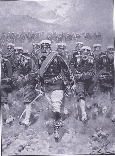 Náboj japonské pěchoty, ilustrace z Cassells Historie rusko-japonské války Vol 1, kolem roku 1900 od Johannes Hermann Barend Koekkoek