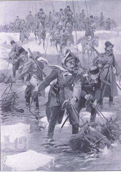 Skvělý jezdecký výkon. Ruská jízda překračující řeku, ilustrace z Cassells Historie rusko-japonské války Vol 1, kolem roku 1900 od Johannes Hermann Barend Koekkoek