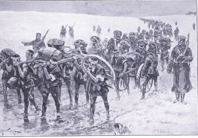 Japonci na pochodu. Muži na místě smečkových poníků, ilustrace z Cassells Historie rusko-japonské války Vol 1, kolem roku 1900 od Johannes Hermann Barend Koekkoek