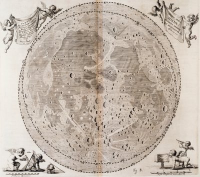 První podrobná mapa Měsíce nakreslená v roce 1647 Johannem Heveliusem, tisk převzat z nebeského atlasu Johanna Hevelia (1611-1687) Selenographia sive Lunae descriptio, Gdaňsk od Johannes Hevelius