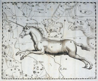 Monoceros, souhvězdí Jednorožce, rytina z nebeského atlasu Firmamentum Sobiescianum sive Uronographia, od Johanna Hevelia (1611-1687), Gdaňsk od Johannes Hevelius