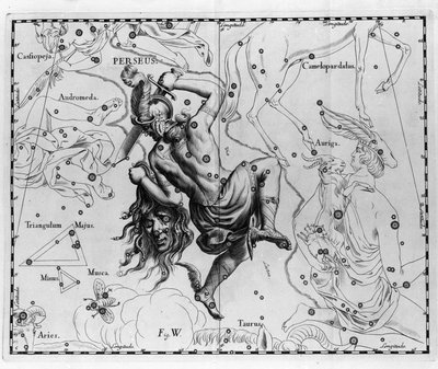 Souhvězdí Persee. Talíř nakreslený z "" Firmamentum Sobiescanum sive Uranographia"" od Johannese Hevelia nebo Hevela (1611-1687) od Johannes Hevelius