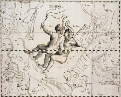 Souhvězdí Blíženců, ilustrace z Firmamentum Sobiescianum sive Uranographia, Johann Hevelius (1611-1687), Gdaňsk 1690 od Johannes Hevelius