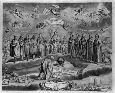 Slavní astronomové. Mezi nimi zleva doprava: Walterus (?) , Tycho Brahe (Tyge Ottesen Brahe), známý jako Le noble Danish nebo L