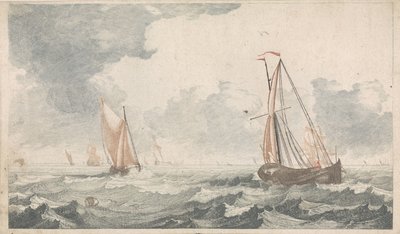 Dvě lodě s plochým dnem plující proti sobě Lodě na moři (série A) (název série) od Johannes Jacobsz van den Aveele