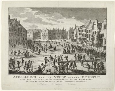 Patrioti opouštějí Neude v Utrechtu, 1787 Vyobrazení Neude v Utrechtu, jak se jevilo, když bylo opuštěno v noci mezi XV. a XVI. září MDCCLXXXVII (název na objektu) od Johannes Jelgerhuis