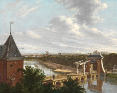 Amsterdam Outer Canal v blízkosti Leidse Poort při pohledu z divadla Vnější příkop Amsterdamu s přístavem Leidse při pohledu z Městského divadla od Johannes Jelgerhuis