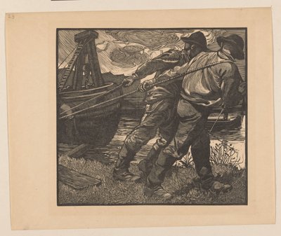 Dělníci s lany na břehu od Johannes Josephus Aarts