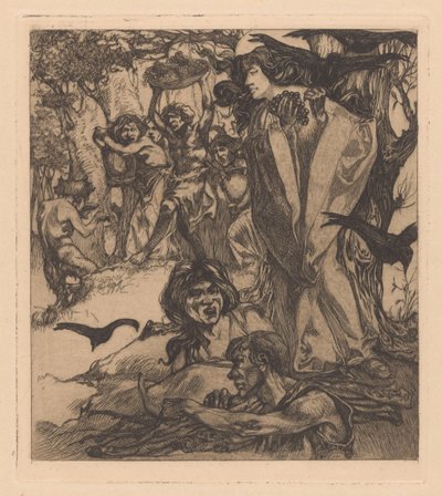 Zalesněná krajina s lidmi, vránami a satyrem od Johannes Josephus Aarts
