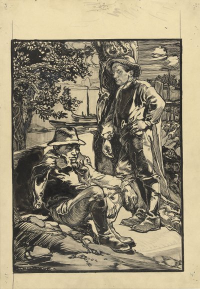 Dva dělníci hráze, jeden sedící, druhý opřený o strom od Johannes Josephus Aarts