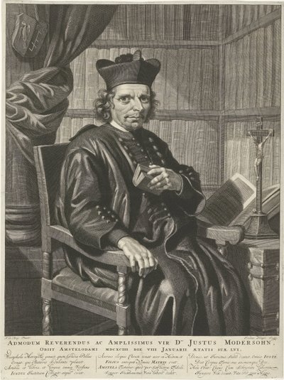 Portrét pastora Justuse Modersohna Správný reverend a velký muž pan Justus Modersohn, zemřel v Amsterdamu, 1693, 8. ledna svého pátého roku (název na předmětu) od Johannes Klopper