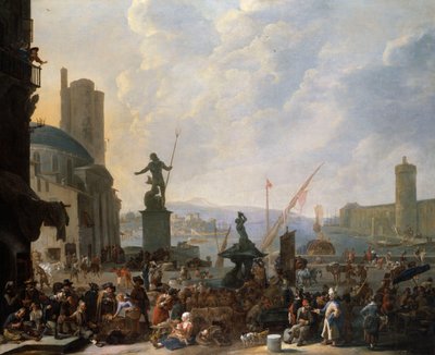 Capriccio ze středomořského přístavu s Berniniho fontánou Triton a Capriccio z Palais du Louvre, 1651 od Johannes Lingelbach