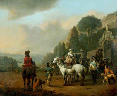 Haukkamiesten puolue linnan porttien ulkopuolella (öljy kankaalle) od Johannes Lingelbach