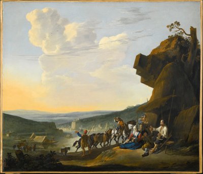 Německy: Südliche Landschaft mit Fähre Jižní krajina s výhledem na záliv, s odpočívajícími pocestnými od Johannes Lingelbach