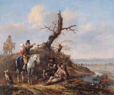 Krajina s odpočívajícími cestovateli a párem na koni (olej na dubovém panelu) od Johannes Lingelbach