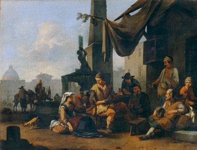 Italští rolníci popíjející u dveří římského hotelu ... od Johannes Lingelbach