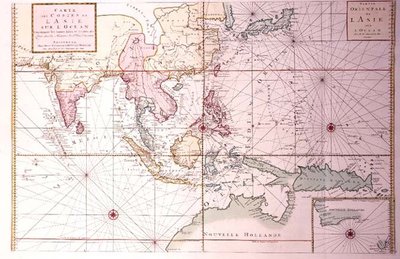 Pobřežní mapa táhnoucí se od severozápadní Indie po severní Austrálii přes Japonsko a Filipíny, cca 1700 (barevná rytina) od Johannes and Mortier Cornelis Covens