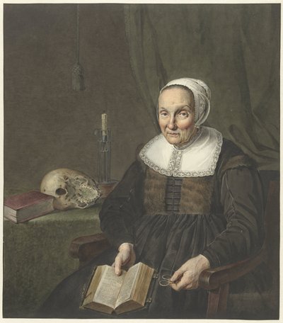 Portrét sedící staré ženy s otevřenou knihou od Johannes Pieter de Frey