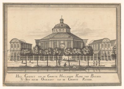 Pohled na New Dutch Church of Batavia Pohled z Groote Hollandse Kerk na Batavia Te Sien z druhé strany Groote Revier (název na objektu) od Johannes Rach