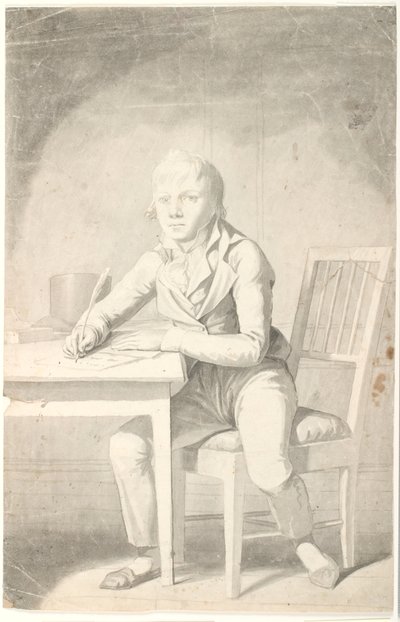 Mladé psaní chlapec sedí u stolu od Johannes Senn