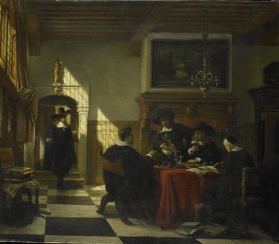 Společnost v kostýmech ze 17. století u stolu, na kterém je pohár Nautilus. od Johannes Stroebel