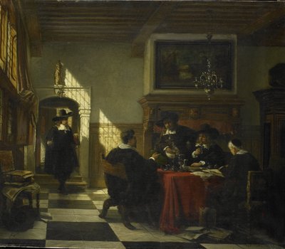 Společnost v kostýmu ze 17. století u stolu, na kterém je pohár Nautilus od Johannes Stroebel