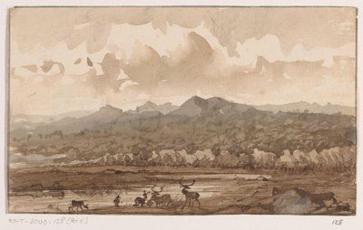 Horská krajina s jeleny od Johannes Tavenraat (signed by artist)