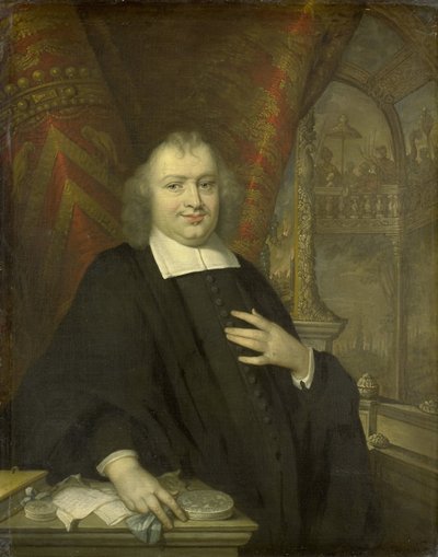 Portrét Gaspara Fagela, velkého důchodce Holandska po roce 1672 v pozadí je zasedací síň Holandských států v Binnenhof v Haagu od Johannes Vollevens (I) (copy after)
