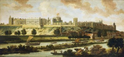 Pohled na hrad Windsor a celé panorama kolem budovy s popisem parku a aktivit na řece, různé lodě, od rybářských až po královské lodě. od Johannes Vorsterman