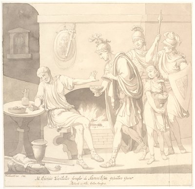 "M. Curius Dantatus foragter de Samnitiske Gesanters Gaver./ Plutach: in vita. Cato cenzor." od Johannes Wiedewelt