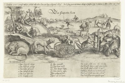 Spící lev, 1567 Spící lev (název na objektu) Čtyři alegorie událostí mezi 1576-1579 v Nizozemsku (název série) od Johannes Wierix (attributed to)