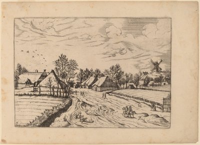 Venkovská vesnice s poštovním mlýnem od Johannes and Lucas van Doetechum after Master of the Small Landscapes