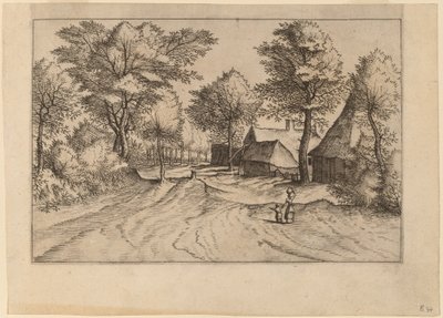 Vesnická cesta s farmou a kůlnami od Johannes and Lucas van Doetechum after Master of the Small Landscapes