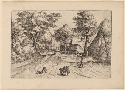 Vesnická cesta s farmou a kůlnami od Johannes and Lucas van Doetechum after Master of the Small Landscapes