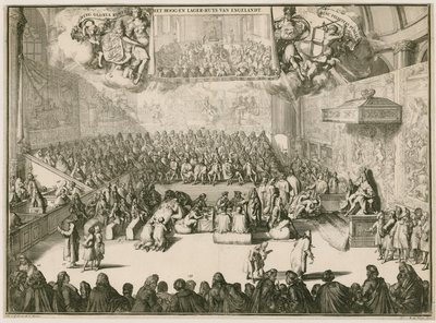 Zasedání v Dolní sněmovně s Jiřím II na trůnu od Johannes and Mortier, Cornelis Covens