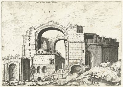 Gezicht op de Sint Pieter v Římě Deformace Aedis D. Peter Romana (titul na objektu) Římské ruiny, 1561 (název série) od Johannes of Lucas van Doetechum (attributed to)