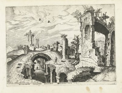 Pohled na ruiny na Palatine Hill Římské ruiny, 1561 (název série) od Johannes of Lucas van Doetechum (attributed to)