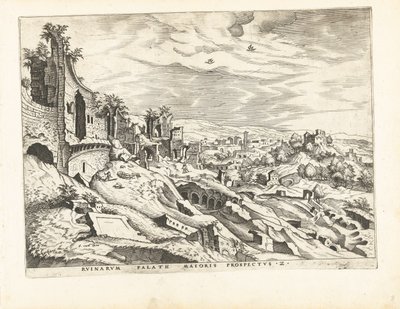 Druhý pohled na Palatine Hill v Římě Římské ruiny, 1561 (název série) od Johannes of Lucas van Doetechum (attributed to)