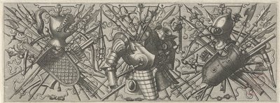 Vlevo vlys s přilbou, štítem a zkříženými tyčovými zbraněmi a kušemi Panoplia sev armamentarium… (název série) od Johannes of Lucas van Doetechum