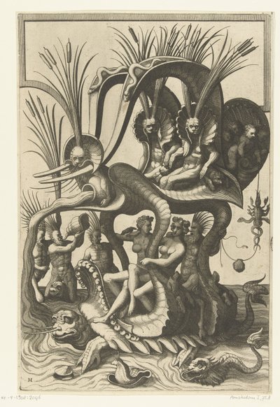 Vodní želva nesoucí vůz na zádech Veelderleij Wisselinghe van grotissen ende Compertimenten (...)Libro Primo (název série) od Johannes of Lucas van Doetechum