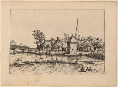 Venkovská vesnice s kostelem a mostem od Johannes van Doetechum, the Elder and Lucas