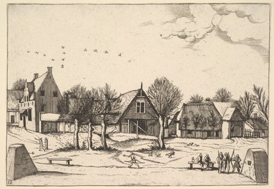 Venkovská vesnice, lukostřelci v popředí z Multifariarum casularum ruriumque linea..., 1559-61. od Johannes van Doetecum I