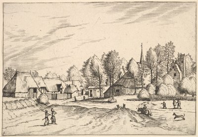 Venkovská vesnice s kostelní věží z domků Multifararum a venkovských linií..., 1559-61. od Johannes van Doetecum I