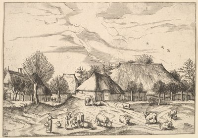 Farmy, dobytek s pastevci a dojičkami v popředí z Multifariarum casularu..., 1559-61. od Johannes van Doetecum I