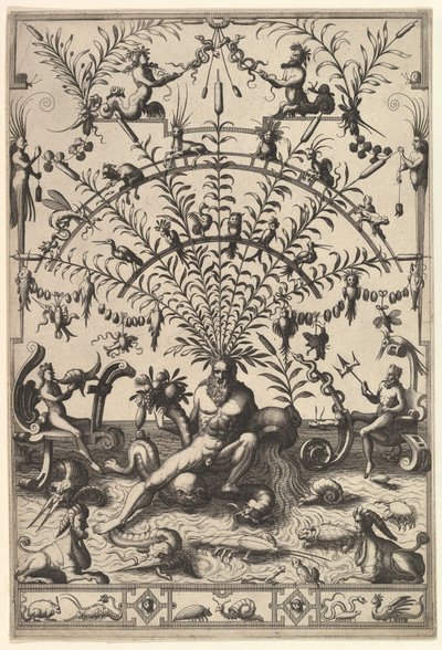 Moderní groteskní dekorace s bohem řeky, 1557. od Johannes van Doetecum I