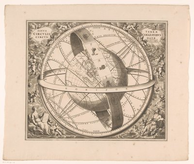 Hemelkaart van de aarde volgens het stelsel van Ptolemaeus Poloha Země obklopené nebeskými kruhy (nadpis na objektu) od Johannes van Loon