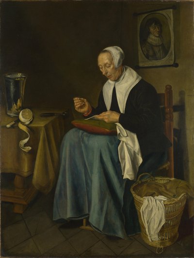Šití staré ženy, 1655 od Johannes van der Aeck