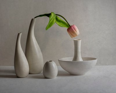 Vázy s jemně růžovými tulipány od John-Mei Zhong