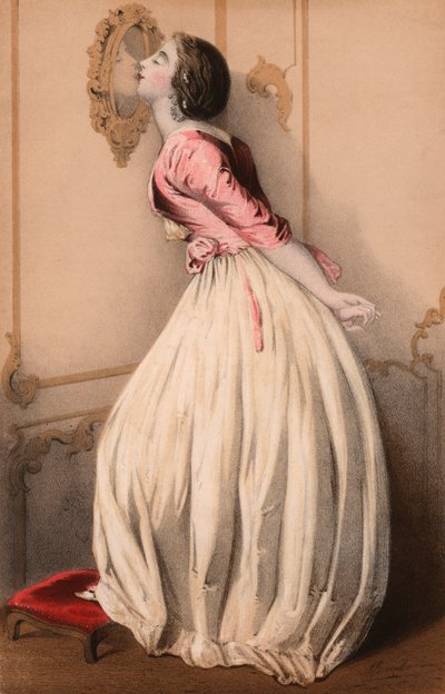 Krásná dívka líbá svůj odraz v zrcadle (barva litho) od John (after) Brandard
